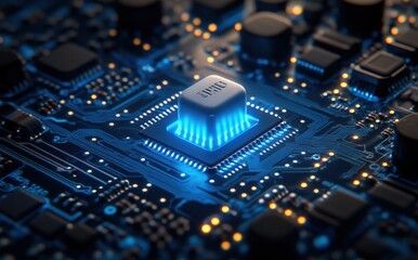 Poster - Close-Up View of a High-Tech Microchip on a Circuit Board with Glowing Blue Elements and Complex Electronic Components in a Futuristic Setting