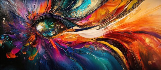 Fototapete - Vibrant abstract canvas artwork showcasing an eye-catching swirl of colors including orange, blue, and purple emphasizing artistic flair and detail