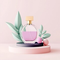Poster - Elegant Pink Perfume Bottle on Abstract Pastel Display with Minimalist Green Leaves