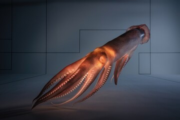 Poster - Illuminated glass sculpture of an octopus, its tentacles gracefully extended in a dark room.
