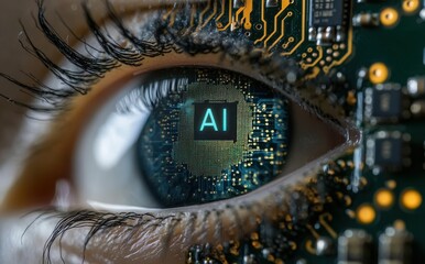 Poster - Close-up View of Human Eye with Artificial Intelligence Symbol Integrated into Digital Circuitry Depicting the Intersection of Technology and Humanity