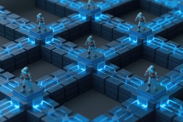 Poster - Cyberpunk robots navigate a glowing blue network grid, showcasing futuristic technology and interconnectedness.
