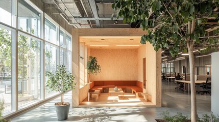 Poster - A sleek interior showcases a cozy wooden nook designed for collaboration, surrounded by lush plants and large windows, creating a vibrant office atmosphere during daylight