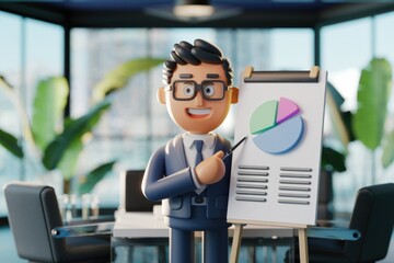 Poster - A 3D cartoon businessman presents a pie chart on a whiteboard during a business presentation.
