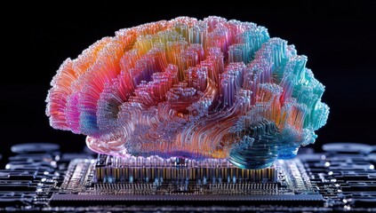 Poster - Colorful Abstract Brain Sculpture on Circuit Board Representing Artificial Intelligence and Neural Connections in Modern Technology