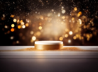 Wall Mural - elegant podium stage with a golden rim, stands against a defocused backdrop of twinkling lights and 