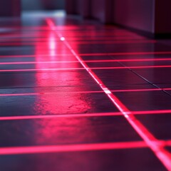 Wall Mural - red laser grid reflecting on tiled floor with zen papaya in a cyberpunk environment
