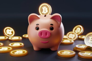 Aufkleber - A piggy bank with glowing Bitcoin coins symbolizes cryptocurrency savings and investment.