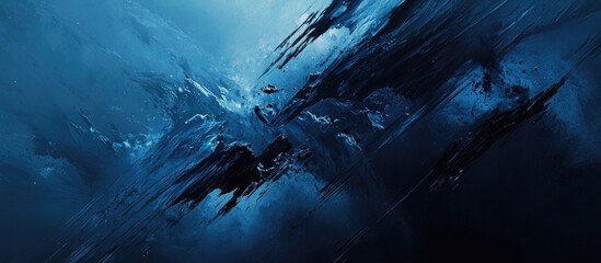 Poster - Dynamic abstract artwork portraying deep blue and black strokes, with dramatic splashes and a marble effect emphasizing rich dark hues.