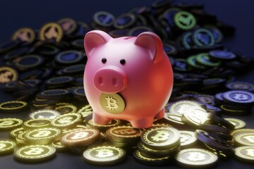 Aufkleber - Pink piggy bank sits atop a pile of glowing Bitcoin, symbolizing cryptocurrency savings and investment.