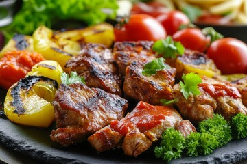 Grilled pork, peppers, tomatoes, sauce,  restaurant meal