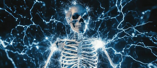 Fototapete - Electric blue glowing skeleton with dynamic lightning effects against a dark background highlighting the intricate details of bones and energy.