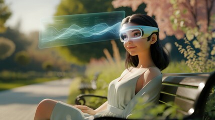 Poster - A young woman wearing futuristic glasses views data visualizations projected before her in a serene park setting.