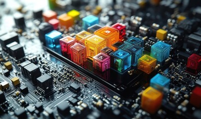 Poster - Colorful Computer Chips and Circuit Board Background with Abstract Design Highlighting Technology and Innovation in Digital Electronics Industry