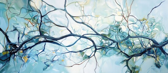 Poster - Abstract artwork featuring intertwined branches in vibrant pastel blue and light green hues with intricate network lines on a serene background.