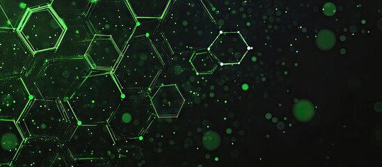 Green hexagonal codes and digital elements on a black background symbolize cybersecurity, with vibrant green hues highlighting digital threats and safety.