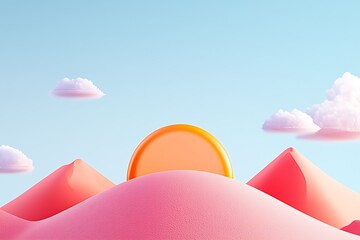 Poster - Pastel Pink Dunescape with an Orange Sun and Fluffy Clouds