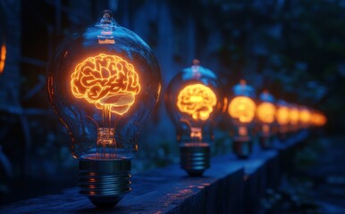 Poster - creative concept of light bulbs with illuminated brain designs symbolizing ideas and innovation in a