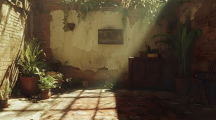 Poster - Sunlit overgrown interior, plants, ruin, vintage furniture