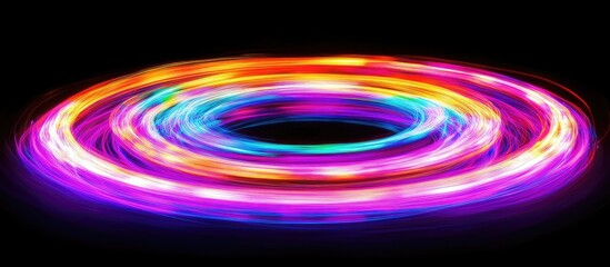 Fototapete - Vibrant neon light trails form a dynamic vortex against a black background showcasing swirling colors of pink, blue, and yellow in a mesmerizing display