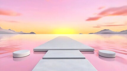 Poster - Serene Pink Sunset over Calm Waters with White Platform Pathway