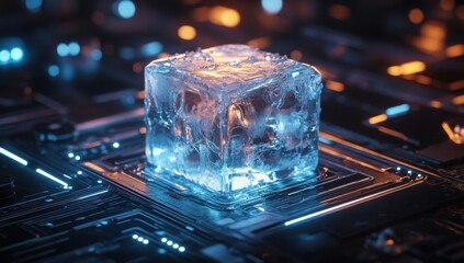 Aufkleber - Crystal Clear Ice Cube on Futuristic Circuit Board with Glowing Blue and Orange Lights Enhancing a High-Tech Atmosphere for Abstract Visuals
