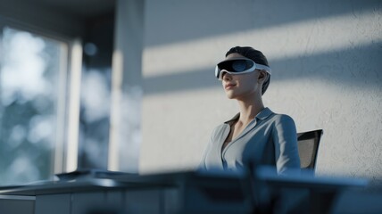 Aufkleber - A woman in a modern office wears futuristic smart glasses, engrossed in digital work.