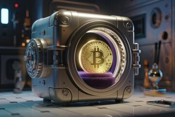 Poster - A golden Bitcoin securely rests inside a futuristic, metallic safe.