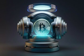 Poster - Futuristic metallic device showcasing a glowing Bitcoin, symbolizing cryptocurrency security and innovation.