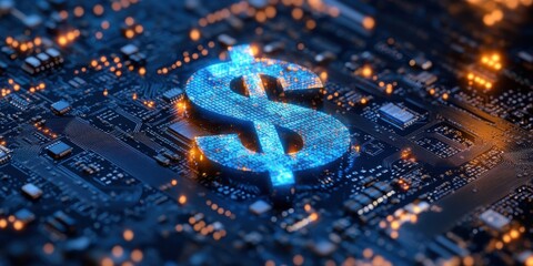 Poster - Digital Dollar Sign on Circuit Board with Neon Lights, Symbolizing Technology, Finance, and Innovation in Modern Economic Landscapes