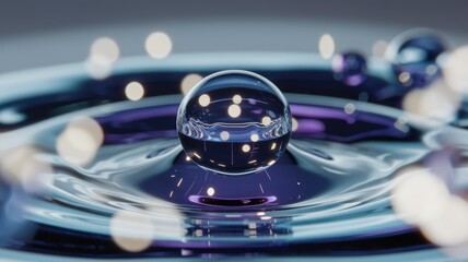 Poster - A crystal-clear sphere rests on a dark, rippling surface, reflecting ambient lights.