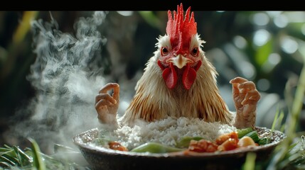 Poster - Featherless rooster meditating a bowl of rice and veggies steam wafting up captured in 3D 8K UHD with intricate details and a dark blurred background for a serene effect
