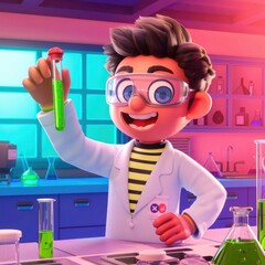 Poster - A cheerful cartoon scientist holds a test tube with glowing green liquid in a vibrant lab setting.