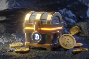 A glowing treasure chest filled with Bitcoin cryptocurrency, symbolizing wealth and digital mining.