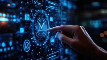 Aufkleber - Digital Interface Interaction with Futuristic Technology Display on Touchscreen for Data Analysis and Virtual Communication Systems