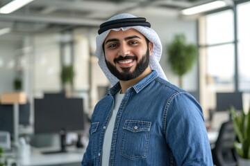 Wall Mural - A young man wearing a blue denim shirt and jeans stands confidently in an office environment, looking directly at the camera with a friendly smile.