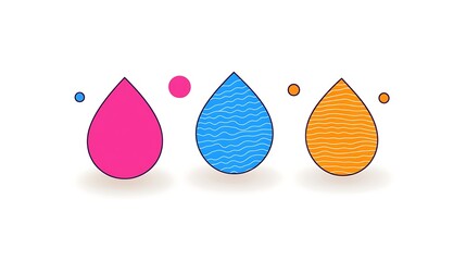 Poster - Three stylized teardrop shapes with varying textures and colors, accompanied by small circles.