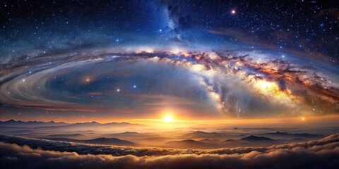 Wall Mural - A breathtaking panorama of a celestial sunrise over a vast, ethereal mountain range, showcasing a vibrant, swirling galaxy in the twilight sky