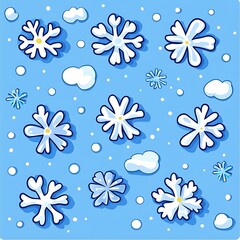 Poster - Whimsical Winter Wonderland: Stylized Snowflakes and Clouds on Blue