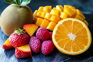 Tropical fruit platter; kitchen counter; vibrant colors; healthy eating