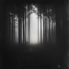 Wall Mural - Black and white photo of trees in fog with soft light creating a moody forest atmosphere