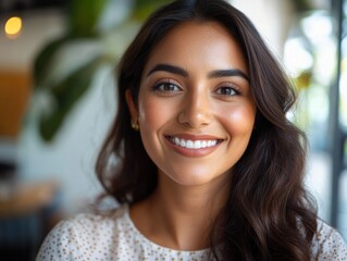 Wall Mural - High-resolution portrait of a radiant, smiling woman with bright hair, posing indoors for a professional portrait. She is wearing a chic top and her makeup is done to accentuate her features. The