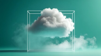 Poster - Fluffy white cloud a 3D render isolated on a gradient green background with a touch of mist The cloud is encased in a square frame emphasizing its billowy texture