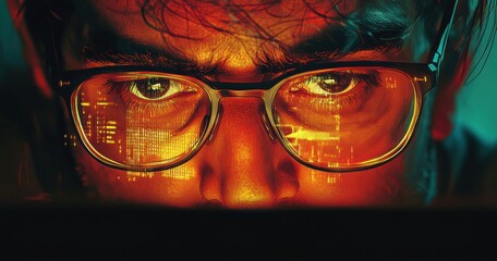 Aufkleber - Focused individual with glasses staring at a computer screen, city skyline reflection illuminating face in a dark setting, digital ambiance