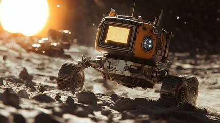 Poster - Friendlylooking robot screenlike eyes racing over the Moons dusty surface with a futuristic military force chasing a detailed lunar lander in the background and Earth as a distant glow