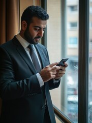 Sticker - A man in formal attire, including a suit and tie, standing in front of a window and looking at his smartphone. He appears focused or engaged with his device.