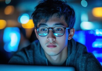 Aufkleber - Focused young man with glasses working intently on a computer in a dimly lit environment surrounded by technology and vibrant blue lights