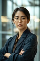 Wall Mural - A woman with short hair, wearing glasses and a dark blazer, confidently poses against a blurred office backdrop.