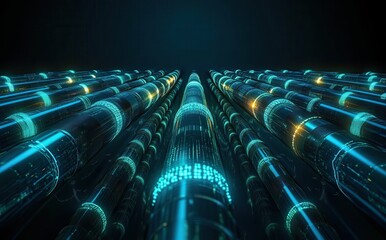 Poster - Futuristic abstract representation of glowing digital communication networks in a dark environment with illuminated tubes and data streams