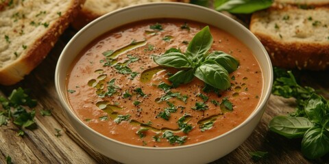 Wall Mural - A hearty, freshly prepared tomato soup garnished with herbs and a slice of garlic bread in a rustic bowl on a wooden table.